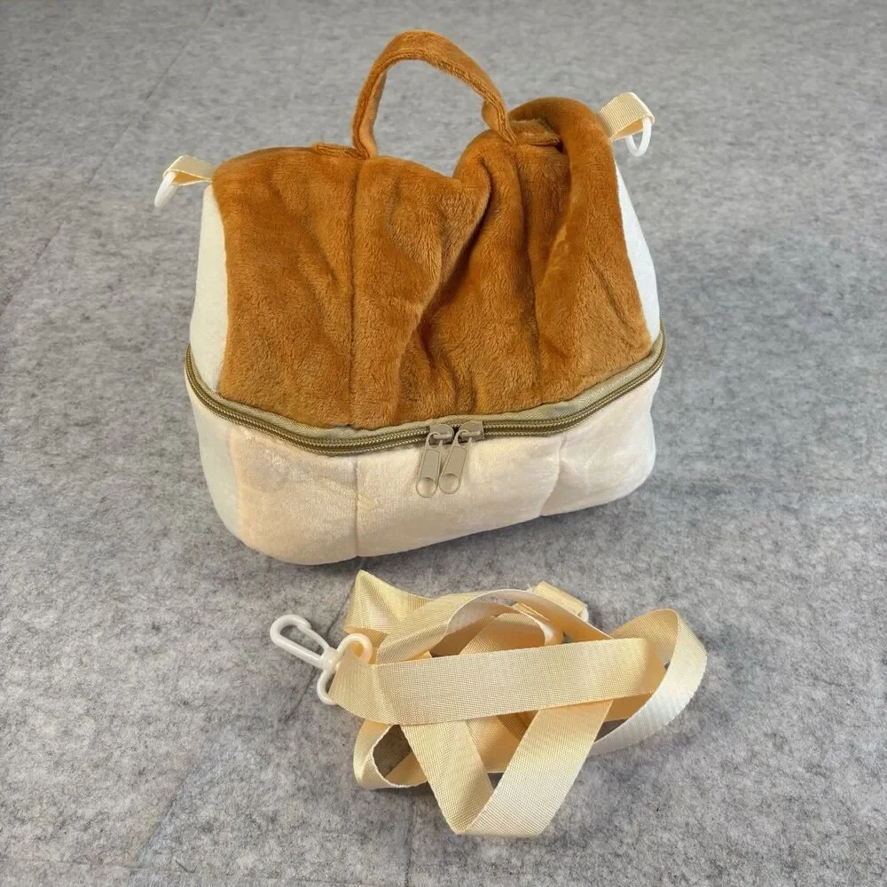 Plush Fuzzy Fleece Brown Beige Collapsible Zip Closure Makeup Bag 10